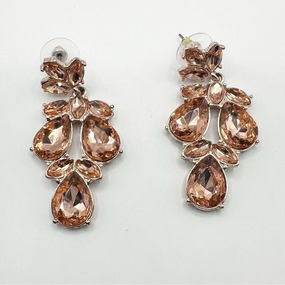Lulus Chandelier Earrings Rose Gold Peach Rhinestones Crystal Cluster Signed - Picture 6 of 7